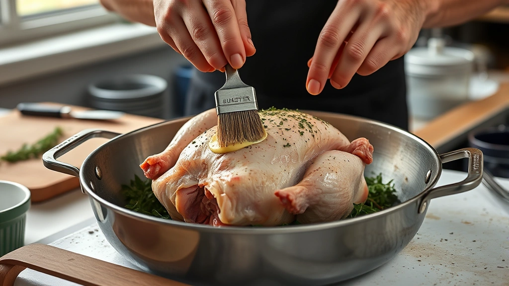 how to cook cornish game hens -
Hands brushing herb butter onto a raw Cornish game hen in a roasting pan, works