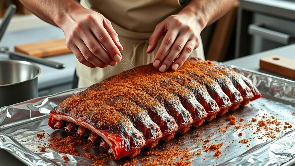 how to cook country style ribs in the oven -
Photorealistic hands wearing light apron applying dry rub seasoning to raw coun
