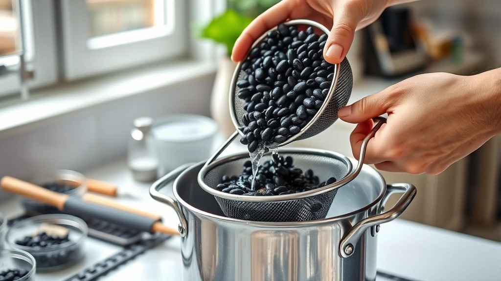 how to cook dried black beans -
Photorealistic hands pouring rinsed dried black beans from fine-mesh strainer i