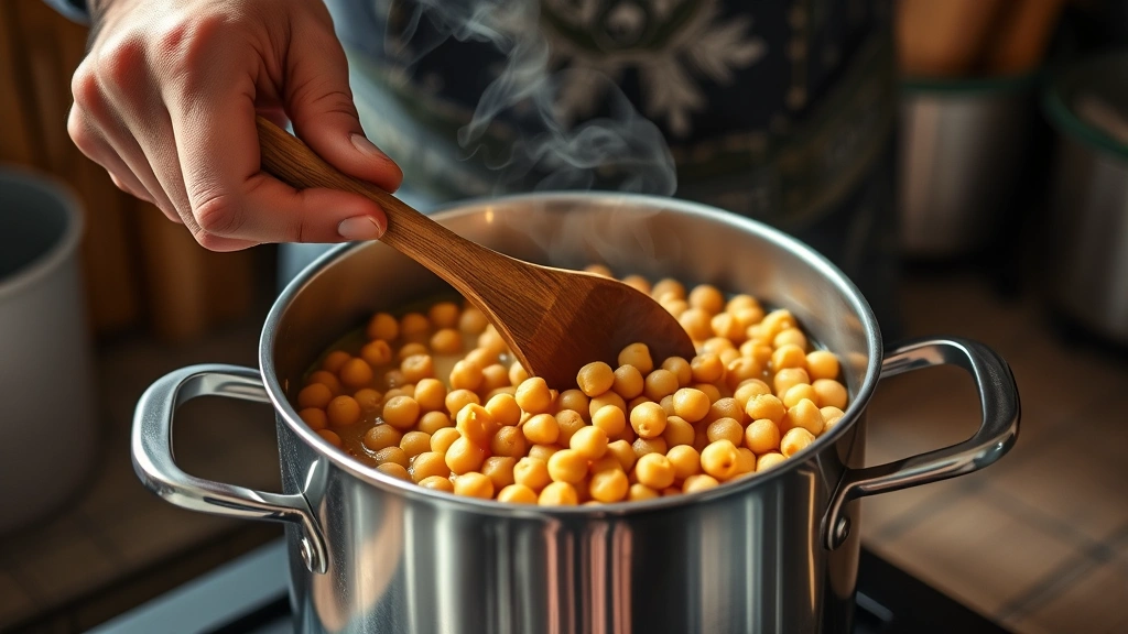 how to cook dried chickpeas -
photorealistic hands stirring a pot of simmering chickpeas with wooden spoon, s