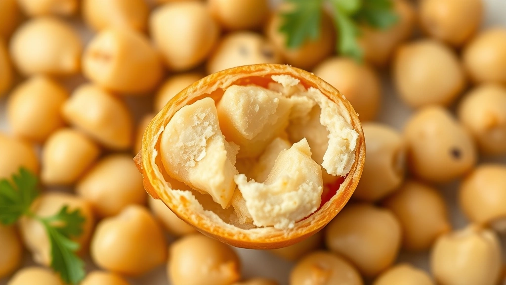 how to cook dried chickpeas -
photorealistic close-up macro shot of single cooked chickpea cut in half showin