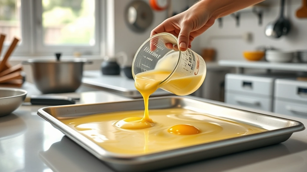 how to cook eggs in the oven -
photorealistic hands carefully pouring beaten eggs onto buttered sheet pan in b