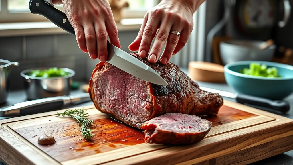 how to cook eye of round roast -
photorealistic hands using sharp carving knife to slice cooked eye of round roa