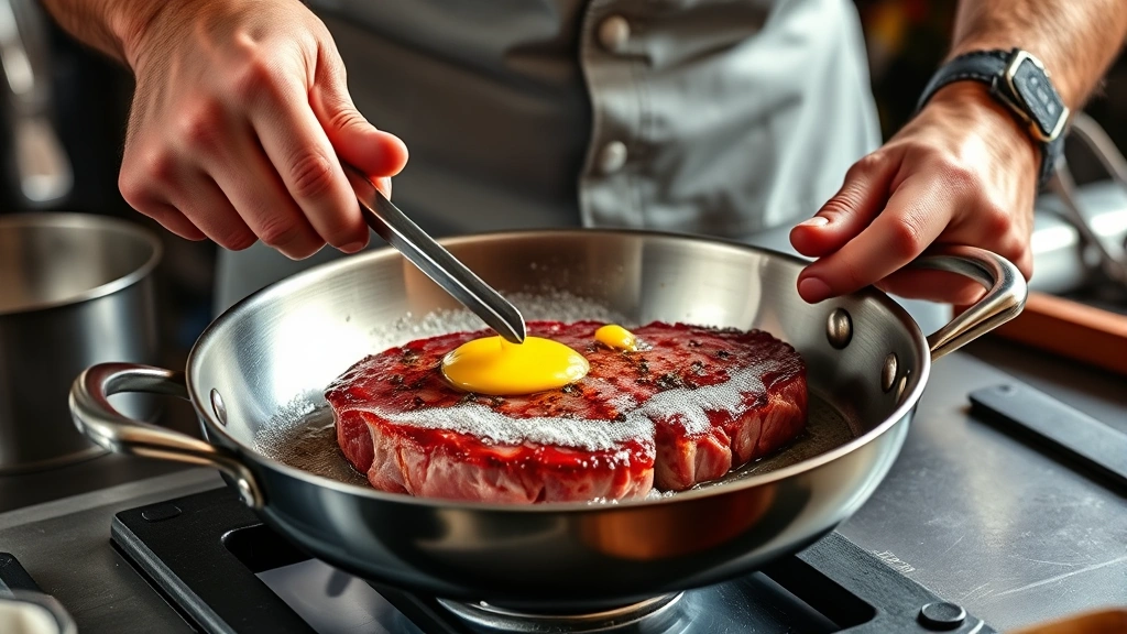 how to cook filet mignon on stove -
photorealistic hands searing filet mignon in stainless steel pan with foaming b